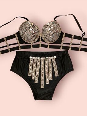 Boutique Embellished Black High-Waist Festival Set with Rhinestone Accents